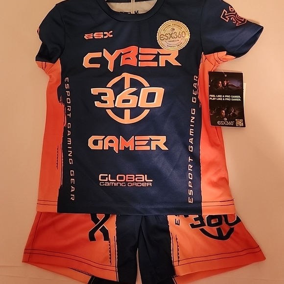 ESPORTS Gamer Boys Blue & Orange Cyber 360 ESX Outfit T-Shirt Top & Shorts Set - Picture 7 of 7